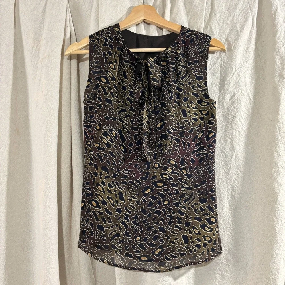 NWT Tory‎ Burch 100% Silk Tanya Top Abstract Leopard Tie Neck Blouse Size 0